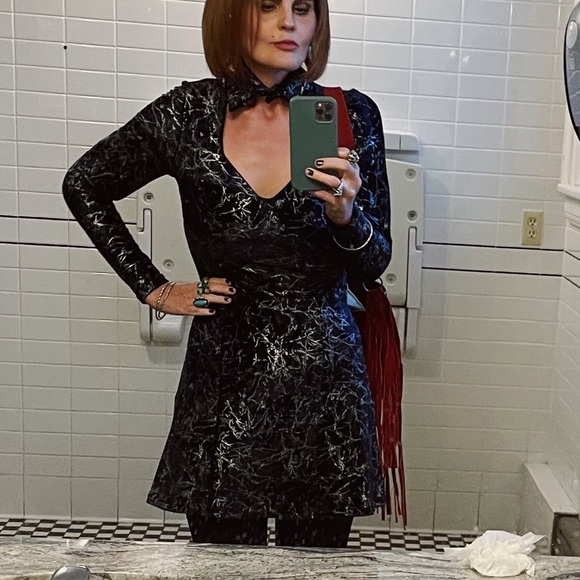 Metallic Velvet Choker Dress M Lightning Silver Crushed A-Line Cutout Skater - Picture 14 of 14